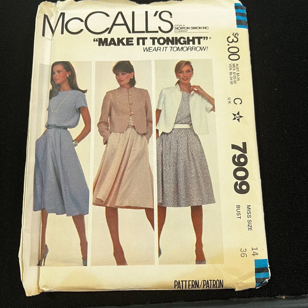 Vintage McCall's 7909 Misses' Dress & Jacket Sewing Pattern Size 14 Bust 36